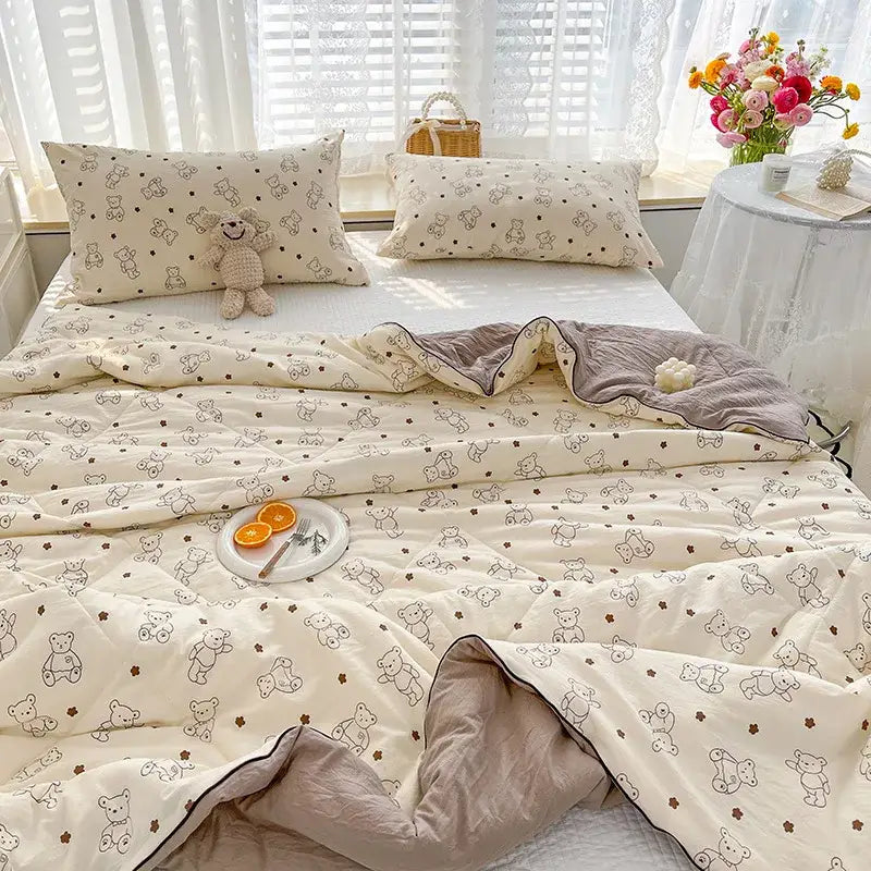 Cream teddy bear double layered soya fibre quilt comforter in cream with embroidered teddy bears and brown stars