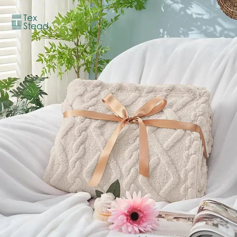 Cream textured cable knit cozy knit blanket by decorbites featuring plush cream color and satin ribbon bow tie