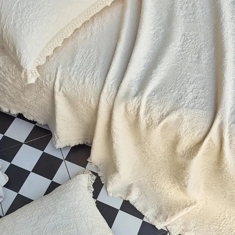 Cream textured cotton quilted bedspread set with embroidered floral patterns and lace trim for elegant bedroom decorbites cotton quilted