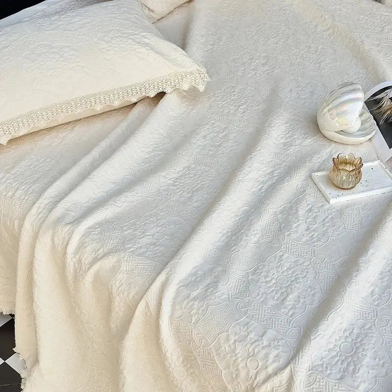 Cream textured cotton quilted bedspread set with intricate floral patterns and lace trim for elegant bedroom decorbites cotton quilted