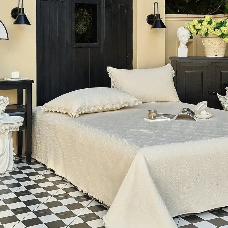 Cream textured cotton quilted bedspread set with lace trim pillowcases for elegant bedroom decorbites cotton quilted style