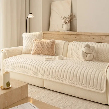 Cream jacquard knit sofa cover with plush texture and vertical ribbed diamond-patterned stitching for living room use