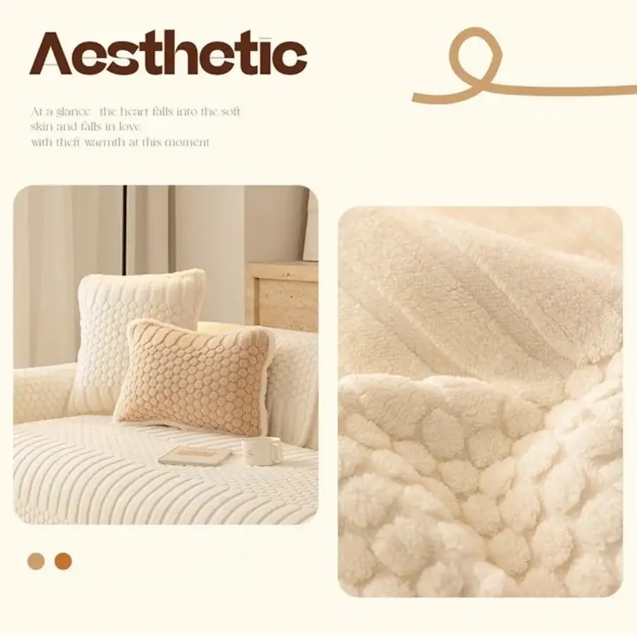 Cream textured jacquard knit plush throw blanket with a fluffy surface for cozy living room sofa cover use
