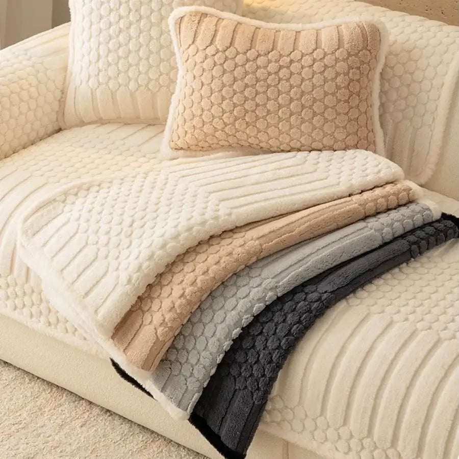 Soft plush throw blankets in cream beige gray and black with textured honeycomb jacquard knit for sofa cover use