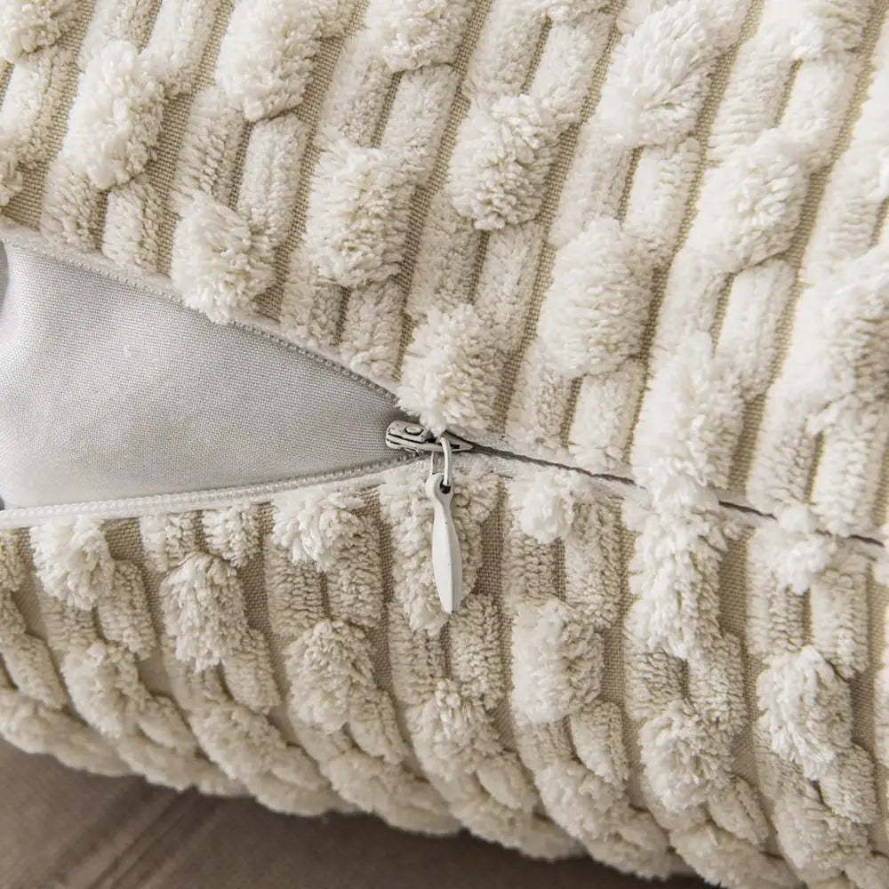 Cream textured knit decorative pillow cover in plush corduroy with raised pattern and silver zipper for decorbites decorative pillow