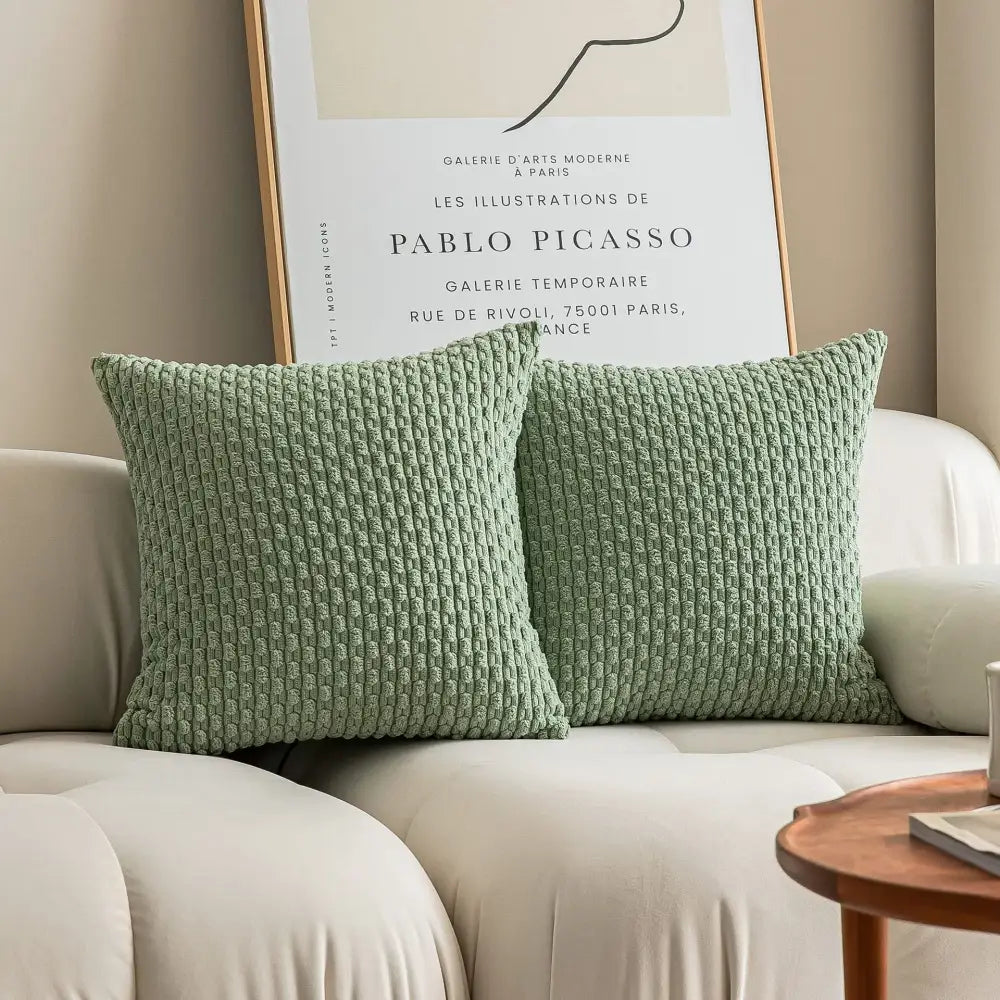Two sage green woven corduroy pillow covers on a light sofa as decorbites decorative pillow for living room decor