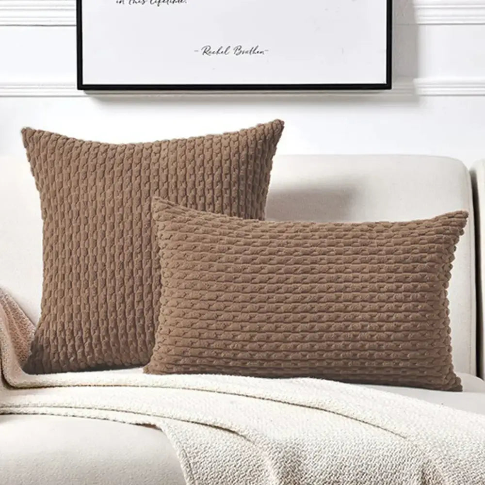 Two taupe textured knit pillow covers on white couch decorbites decorative pillow cover for living room decor