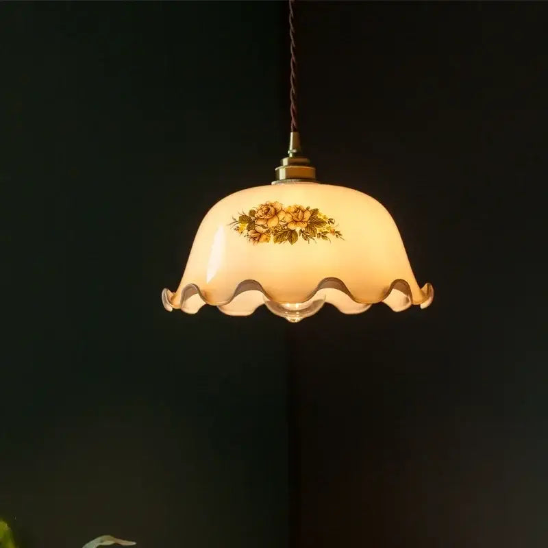 Cream vintage brass floral glass pendant light with warm-toned scalloped edge for elegant dining room decorbites cream vintage