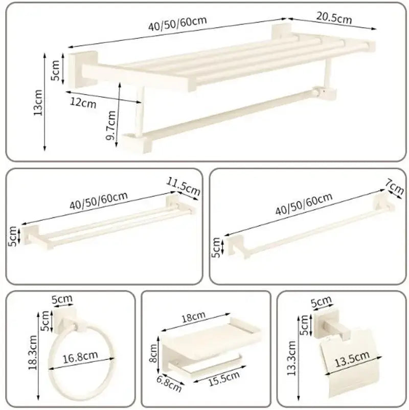 Cream white bathroom set made of plastic featuring a towel rack, two wall bars, ring holder, and soap dish