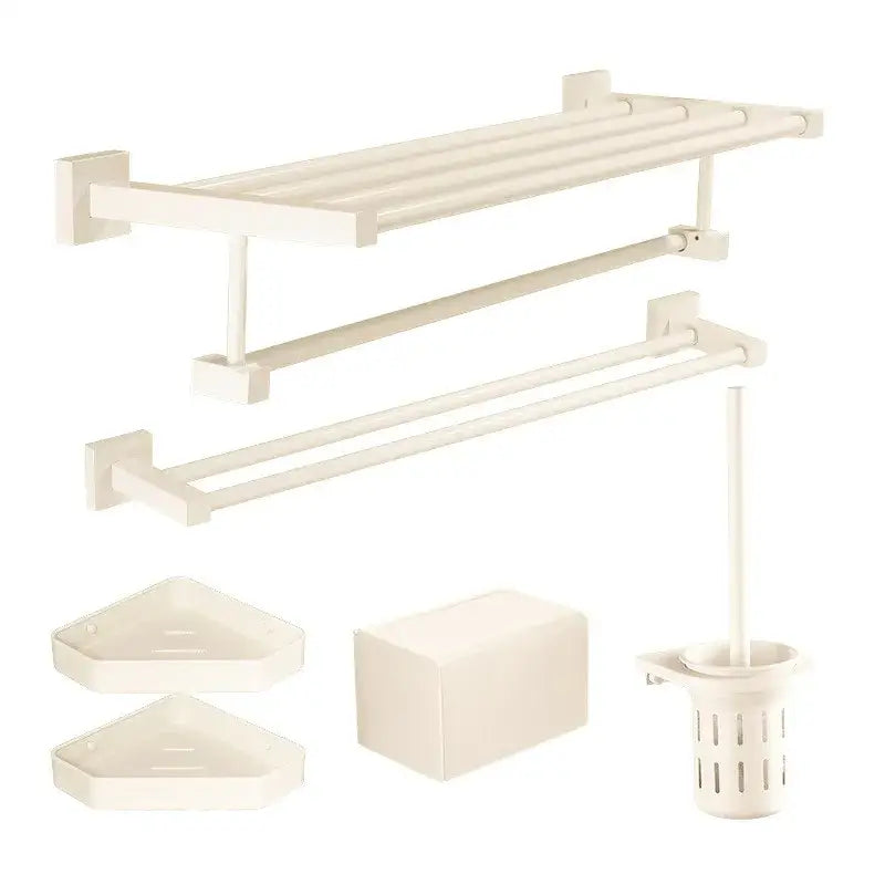 Cream white bathroom set with plastic double-tiered towel rack corner soap dishes tissue holder and toilet brush base