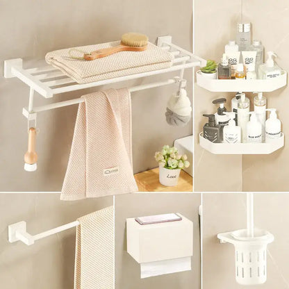 Cream white plastic bathroom set with towel rack storage shelf and hanging hooks for organized bathroom use
