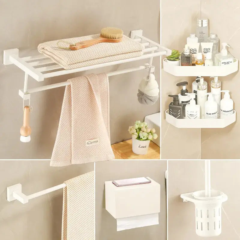 Cream white plastic bathroom set with towel rack storage shelf and hanging hooks for organized bathroom use