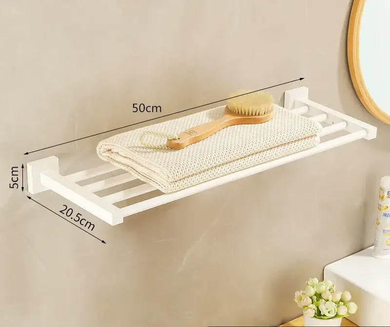 Cream white plastic wall-mounted bathroom set shelf with slatted design 50cm by 20.5cm and towel rack