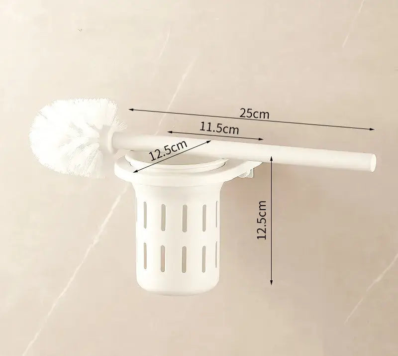 Cream white bathroom set featuring a white plastic toilet brush holder with vertical drainage slits and matching bristle brush