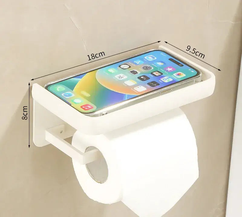 Cream white bathroom set featuring a white plastic toilet paper holder with integrated phone tray and towel rack