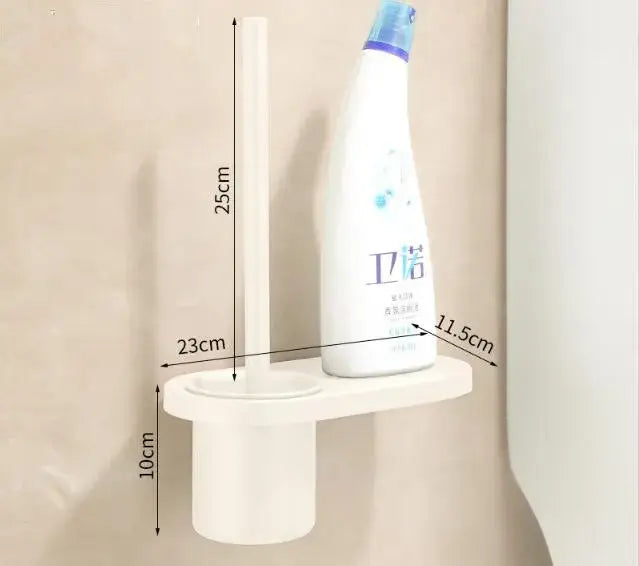 Cream white plastic toilet brush holder with built-in shelf for toiletries in bathroom set with towel rack and storage shelf