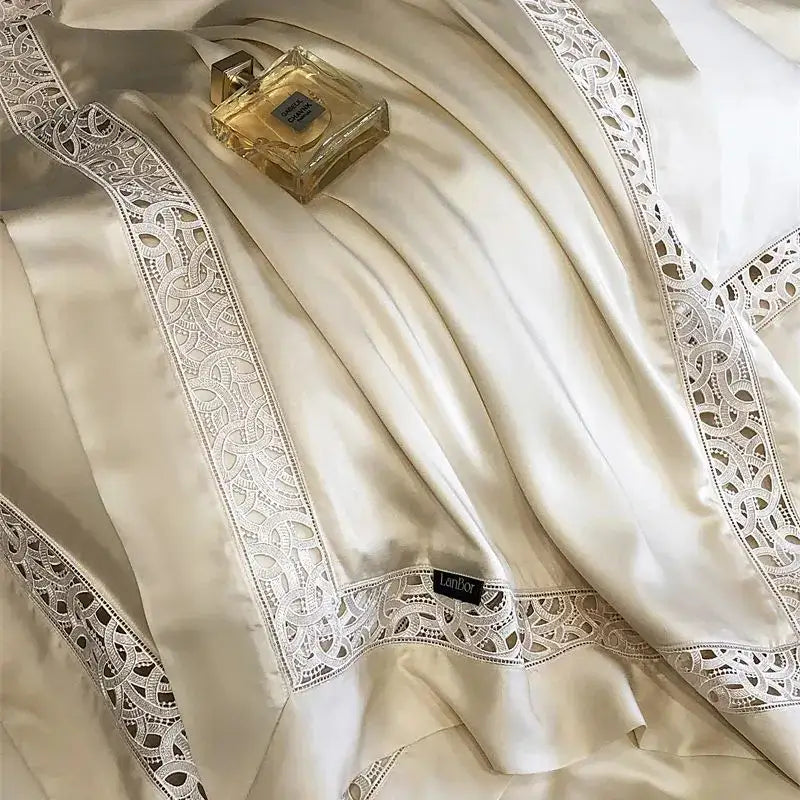 Cream and white lace eucalyptus fiber bedding set featuring cream satin sheet with delicate lace trim by decorbites eucalyptus fiber