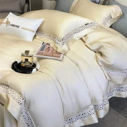Cream-colored satin bedding set with delicate white lace trim made of soft eucalyptus fiber for luxury decorbites eucalyptus fiber use