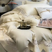 Cream satin bedding set with delicate white lace trim made from eucalyptus fiber for luxury soft decorbites eucalyptus fiber