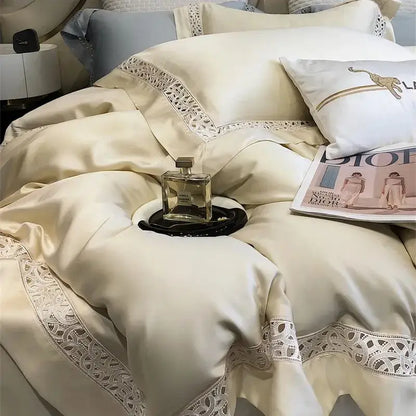 Cream satin eucalyptus fiber bedding set with delicate white lace trim from decorbites eucalyptus fiber collection