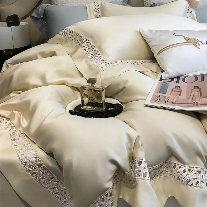 Cream satin eucalyptus fiber bedding set with delicate white lace trim from decorbites eucalyptus fiber collection