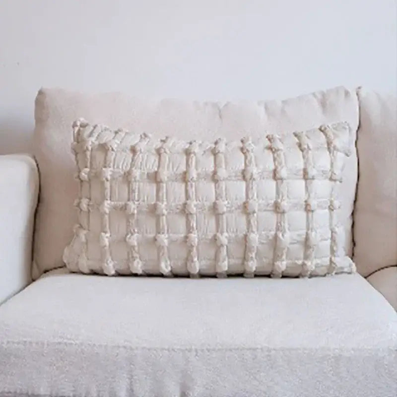 Cream white plaid 3d bubble cushion cover with textured woven knit and raised cords for decorbites cream white living room decor