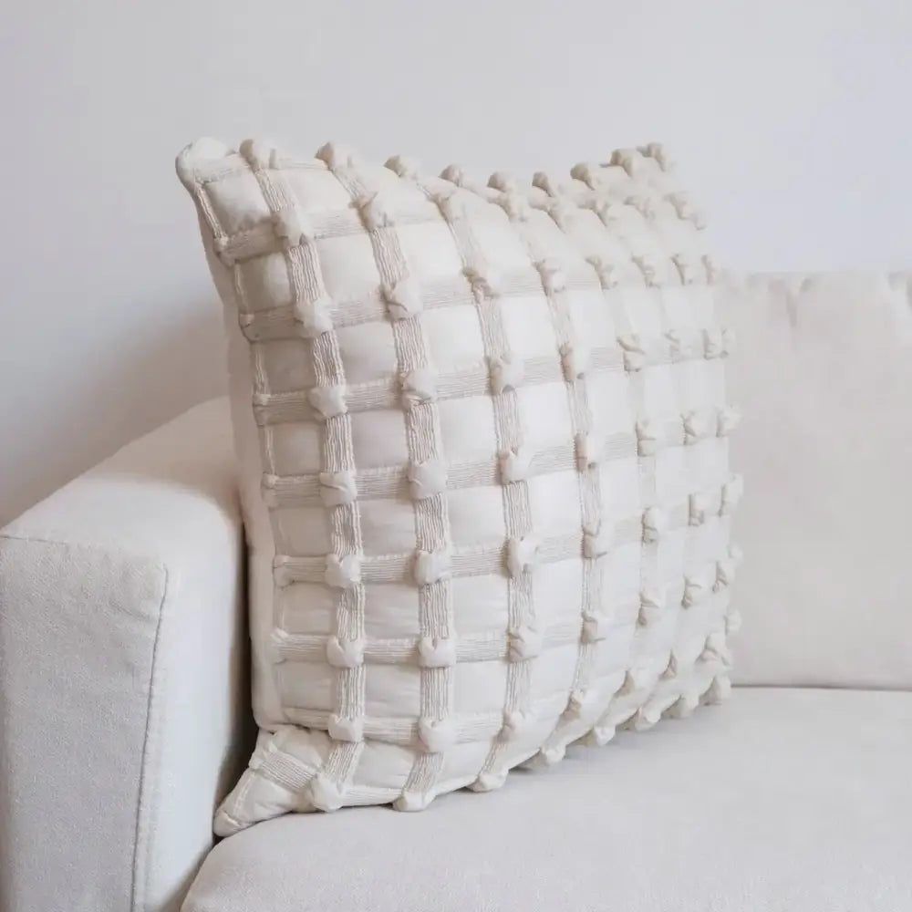 Cream white plaid 3d bubble cushion cover with textured woven pattern and raised tassels for living room decorbites cream white decor