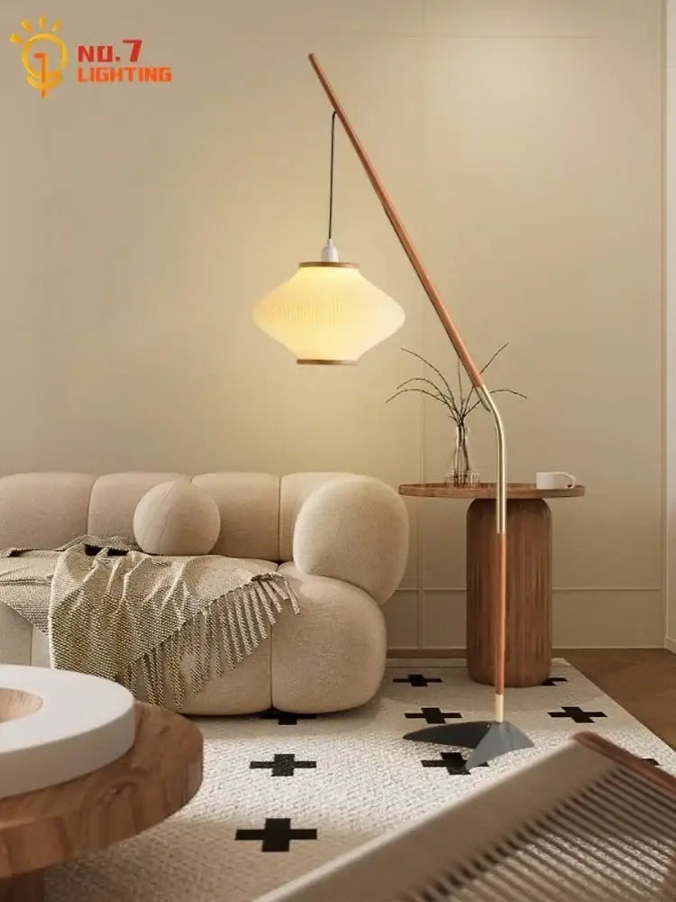 Modern floor lamp with cream wind acrylic amber glass shade and slender wooden arm for living room decorbites cream wind