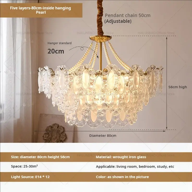 Elegant cream wind crystal chandelier with five-layer gold-toned wrought iron frame and pearl-like glass decorbites cream wind