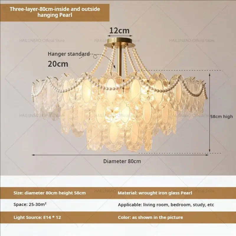 Elegant three-layer cream wind crystal chandelier with pearl discs and gold wrought iron frame for living room decorbites cream wind