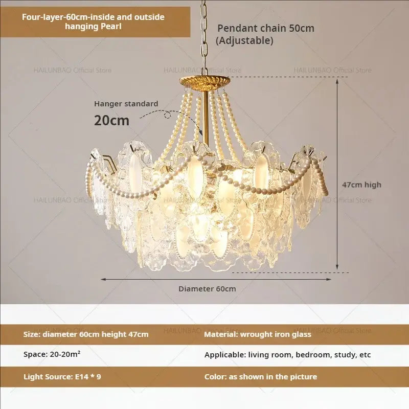 Elegant cream wind crystal chandelier with gold-toned wrought iron frame and four layers of pearlescent glass beads decorbites cream wind