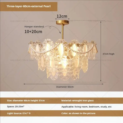 Elegant cream wind crystal three-layer chandelier with clear glass pearl accents and gold wrought iron frame for living room decorbites cream wind