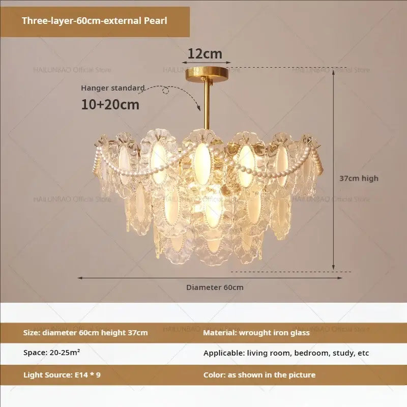 Elegant cream wind crystal three-layer chandelier with clear glass pearl accents and gold wrought iron frame for living room decorbites cream wind