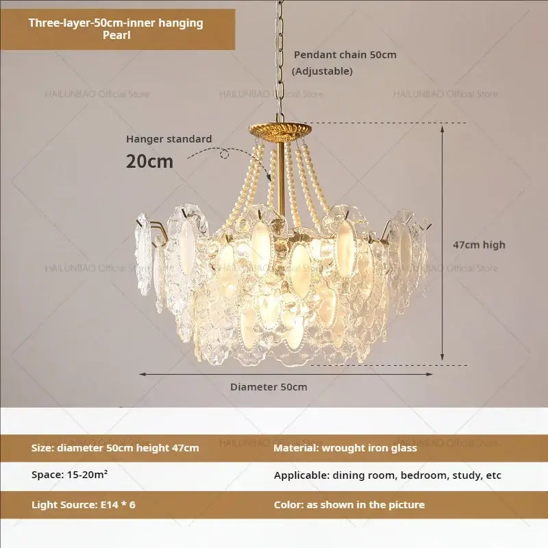 Elegant cream wind crystal gold living room pendant light with a three-layer pearl glass wind crystal chandelier frame