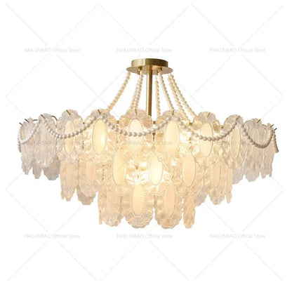 Elegant cream wind crystal chandelier with gold metal frame and cascading pearl beads for living room decorbites cream wind