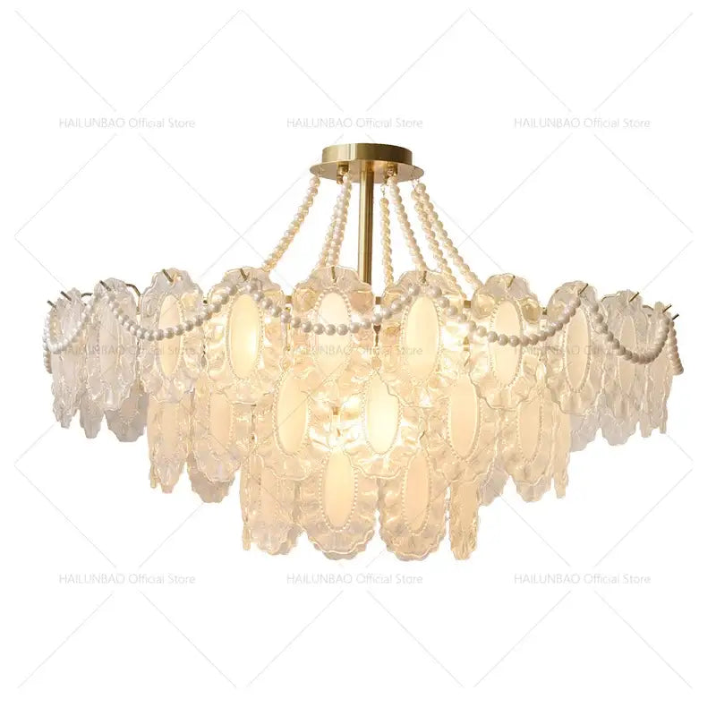 Elegant cream wind crystal chandelier with gold metal frame and cascading pearl beads for living room decorbites cream wind