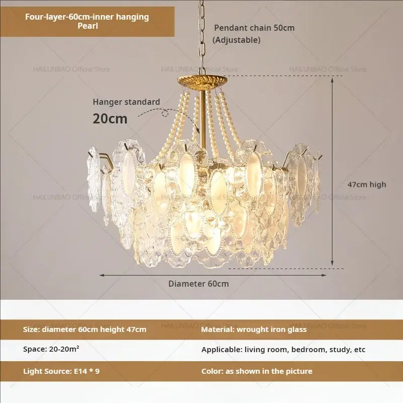 Elegant four-layer cream wind crystal chandelier with pearlescent glass shades and gold wrought iron frame for living room decorbites cream wind
