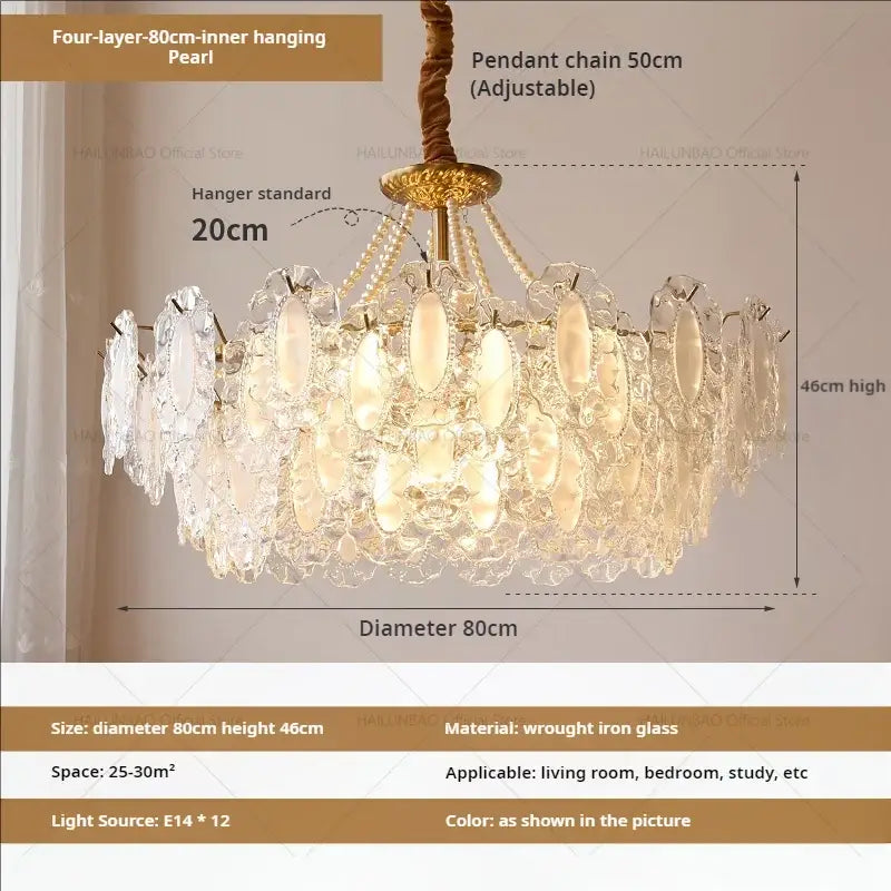 Elegant cream wind crystal chandelier with four-layer golden wrought iron frame and pearl-like glass decorbites cream wind