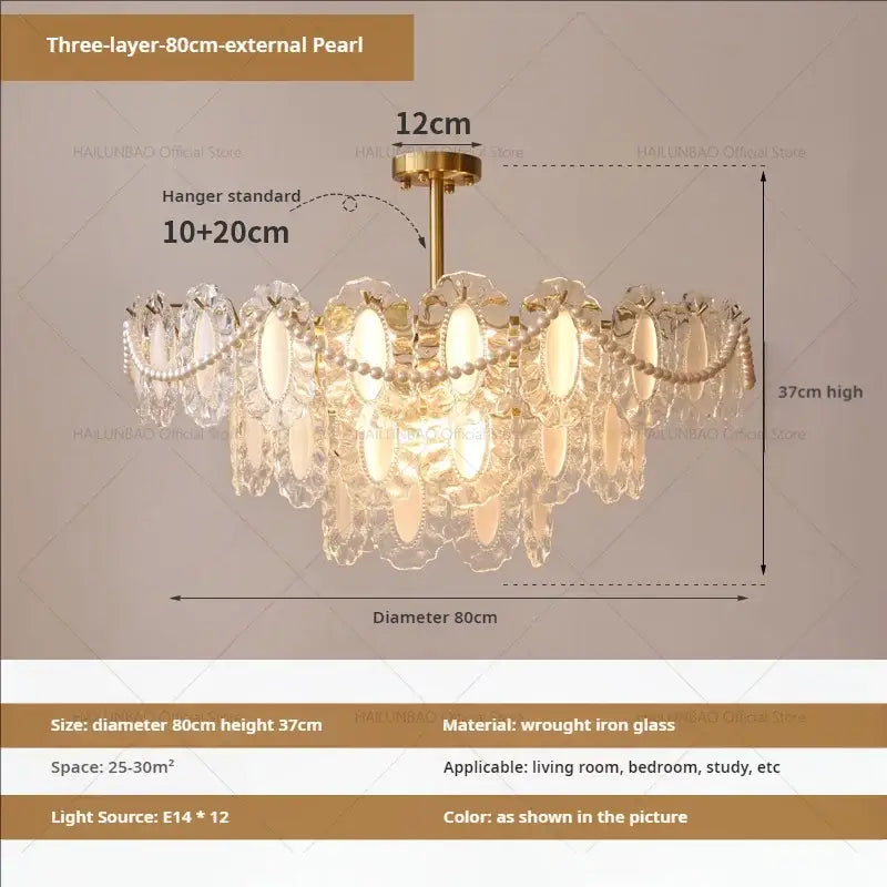 Elegant three-layer cream wind crystal chandelier with brass-finished wrought iron frame and pearl accents for living room decorbites cream wind