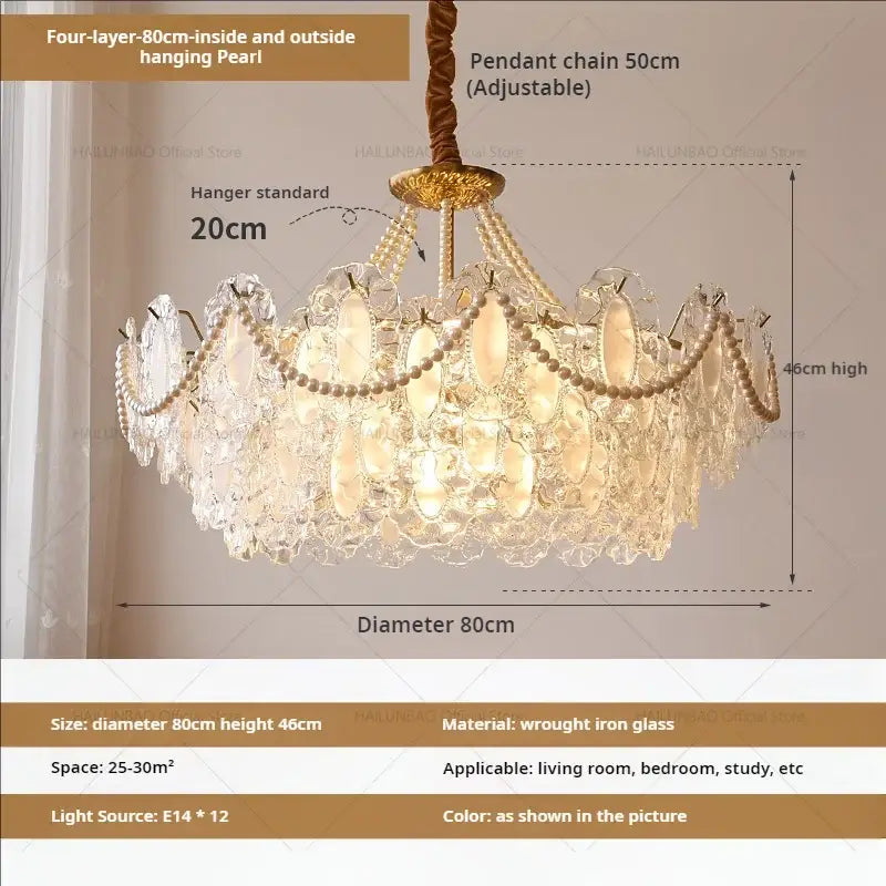 Elegant four-layer cream wind crystal chandelier with dangling pearls and gold-toned wrought iron frame for living room decorbites cream wind