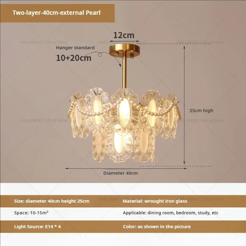 Cream wind crystal two-layer 40cm chandelier with gold wrought iron frame and crystal pendants for living room decorbites cream wind