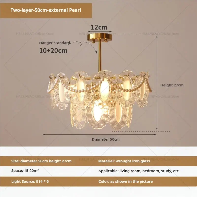 Cream wind crystal 50cm two-layer chandelier with brass wrought iron frame and oval glass pendants for living room decorbites cream wind