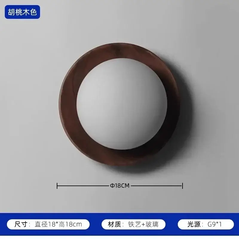 Circular wall light cream wind dumplings with dark walnut frame frosted glass and integrated g9 bulb for bedroom decor