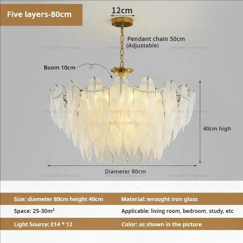 Elegant cream wind feather pearl crystal chandelier with white glass feathers and gold-toned adjustable metal frame