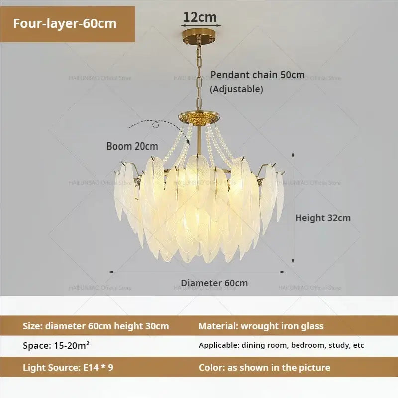 Elegant four-layer cream wind feather pearl crystal chandelier with translucent glass shades and gold-toned frame for living room decorbites cream wind