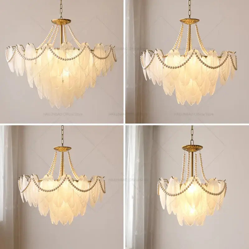 Elegant cream wind feather pearl chandelier with white feathers gold-toned metal and beaded chains for living room decorbites cream wind
