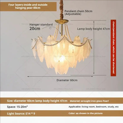 Elegant cream wind feather pearl crystal chandelier with 60cm diameter, four-layered glass shades and wrought iron frame
