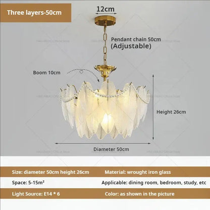 Gold-toned decorbites cream wind feather chandelier with three layers of translucent glass shades for living room light