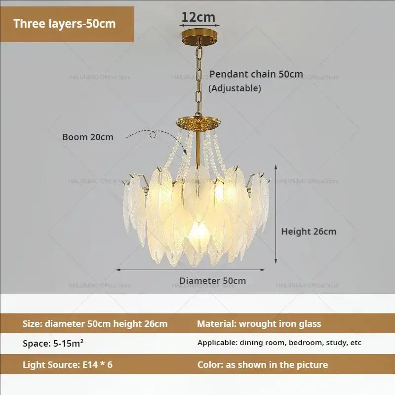 Three-layered cream wind feather pearl crystal chandelier with golden wrought iron frame and leaf-shaped glass panels