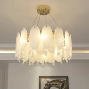 Elegant cream wind led chandelier featuring white opal glass with gold-toned accents and crystal droplets for bedroom decorbites cream wind